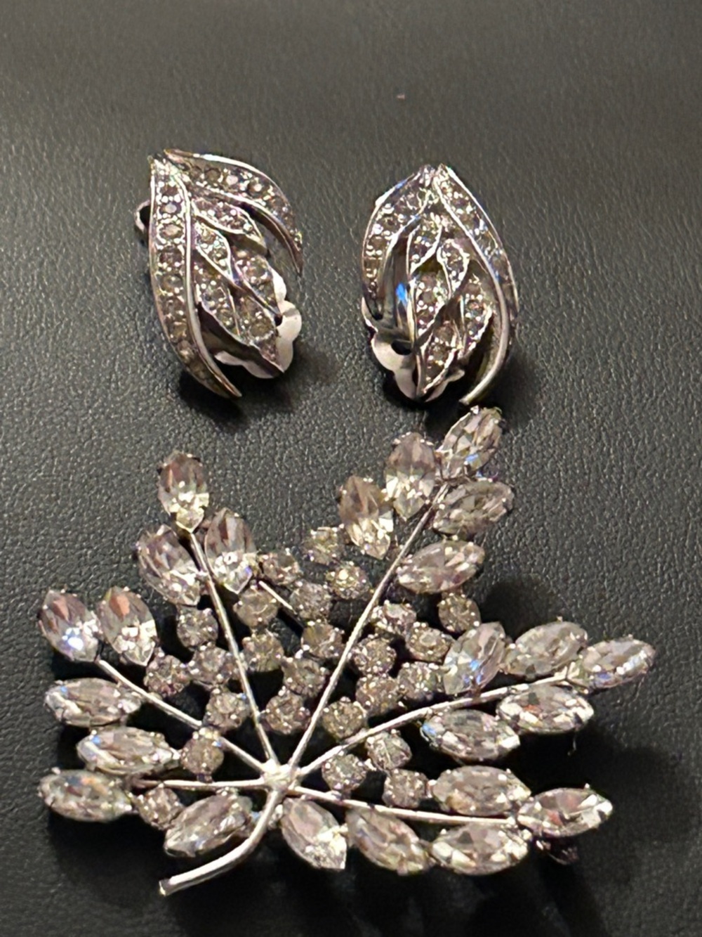 Stunning Sparkly Vintage B. David Leaf Brooch Pin and Earring SET